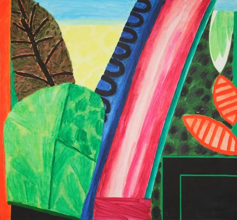 Abstract painting featuring bold shapes and colors, including green and orange leaves, a pink curved stripe, a tree silhouette, and a yellow sky.