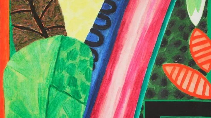 Abstract painting featuring bold shapes and colors, including green and orange leaves, a pink curved stripe, a tree silhouette, and a yellow sky.