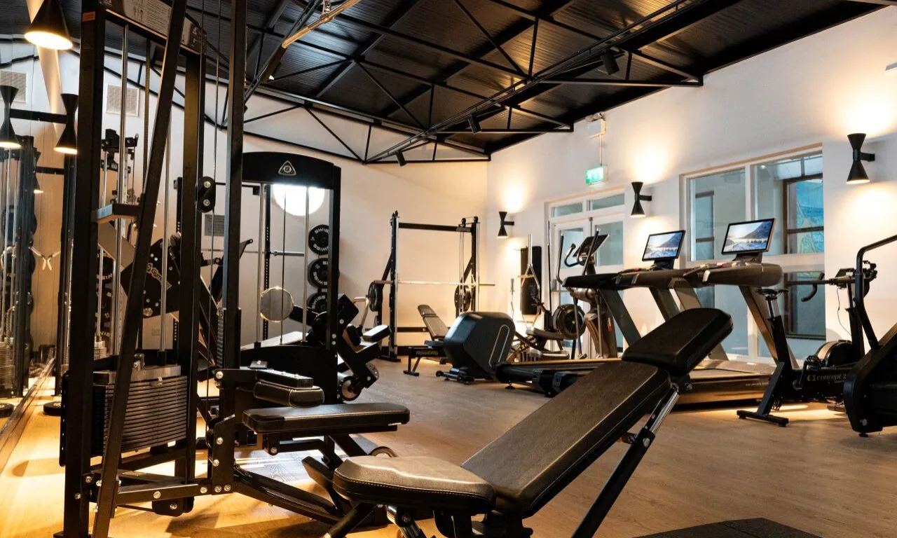Modern gym interior with various exercise equipment, including weight machines, treadmills, and benches, set on a wooden floor under high ceilings with natural and artificial lighting.