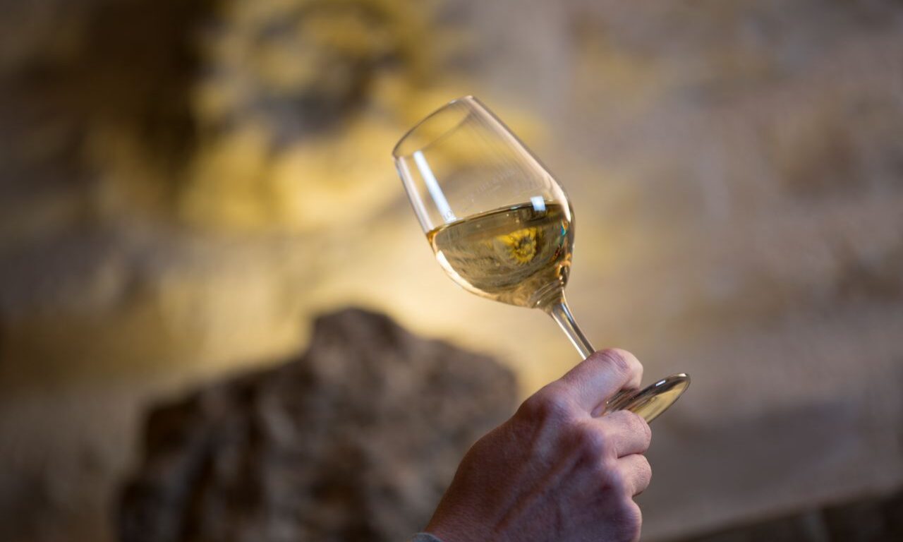 Elegant hand holding a glass of white wine in soft, ambient lighting; enjoy a relaxing hotel evening with premium wines.